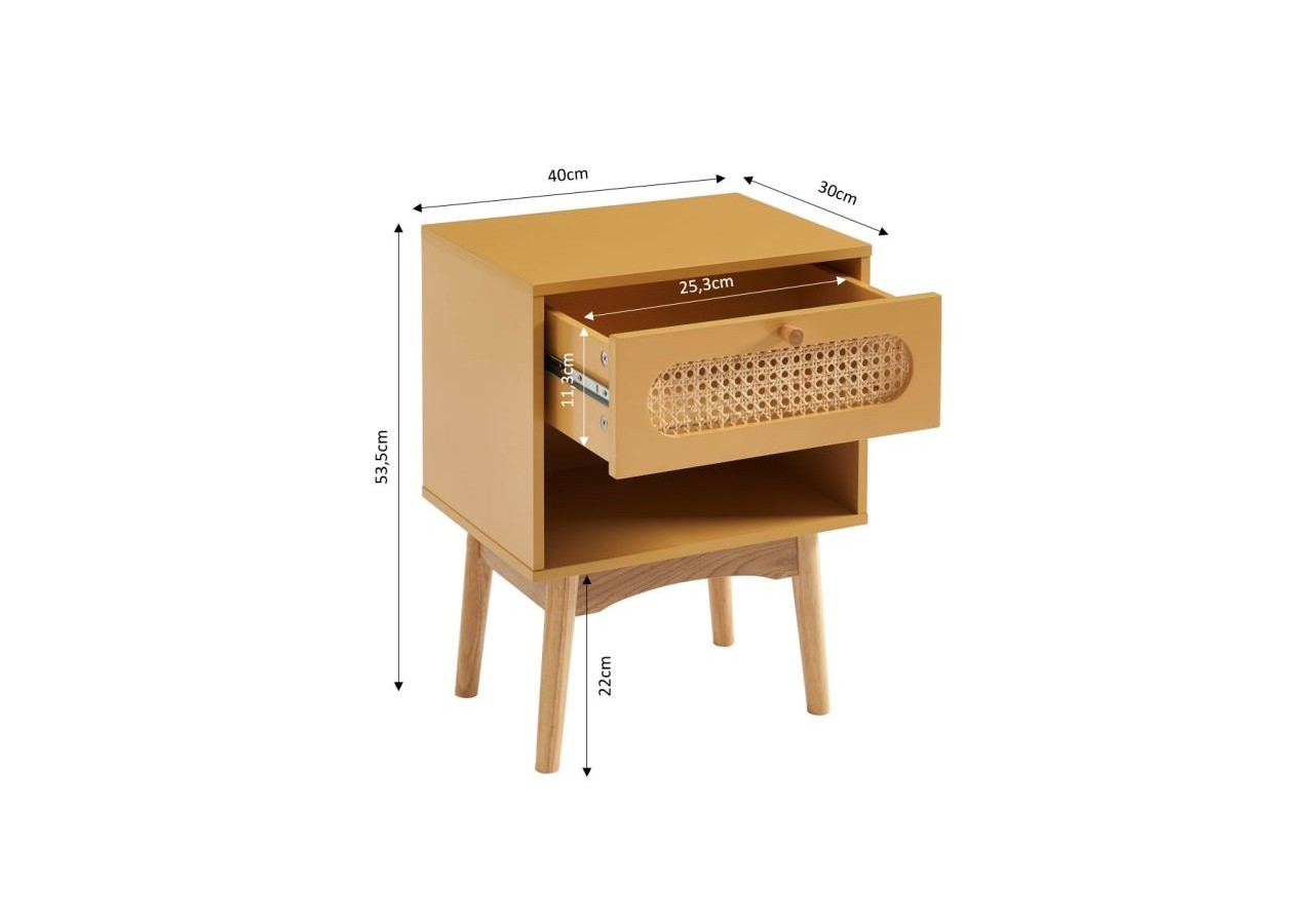 Table de chevet SIXTINE jaune safran et cannage rotin