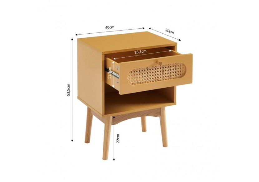 Table de chevet SIXTINE jaune safran et cannage rotin