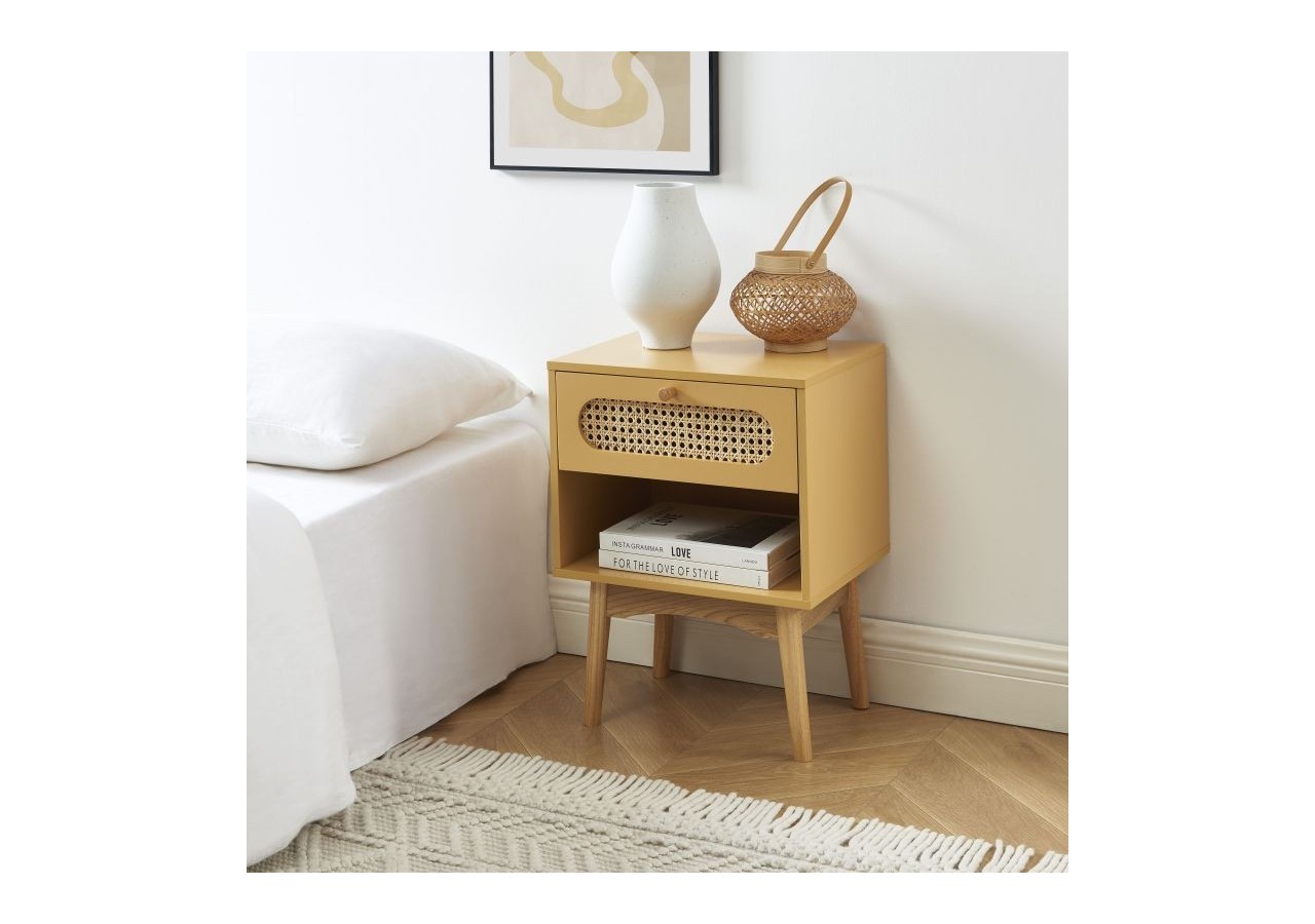 Table de chevet SIXTINE jaune safran et cannage rotin
