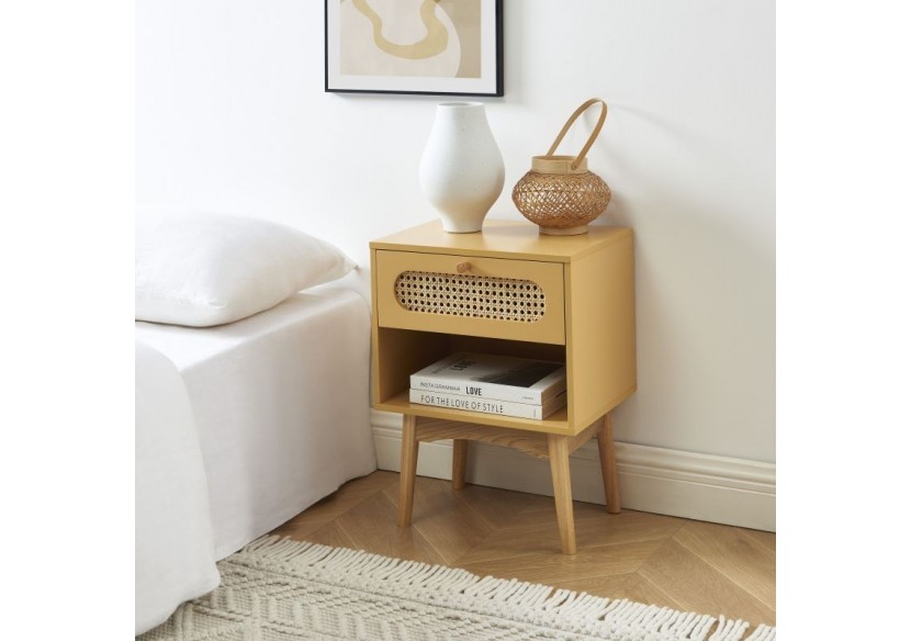 Table de chevet SIXTINE jaune safran et cannage rotin