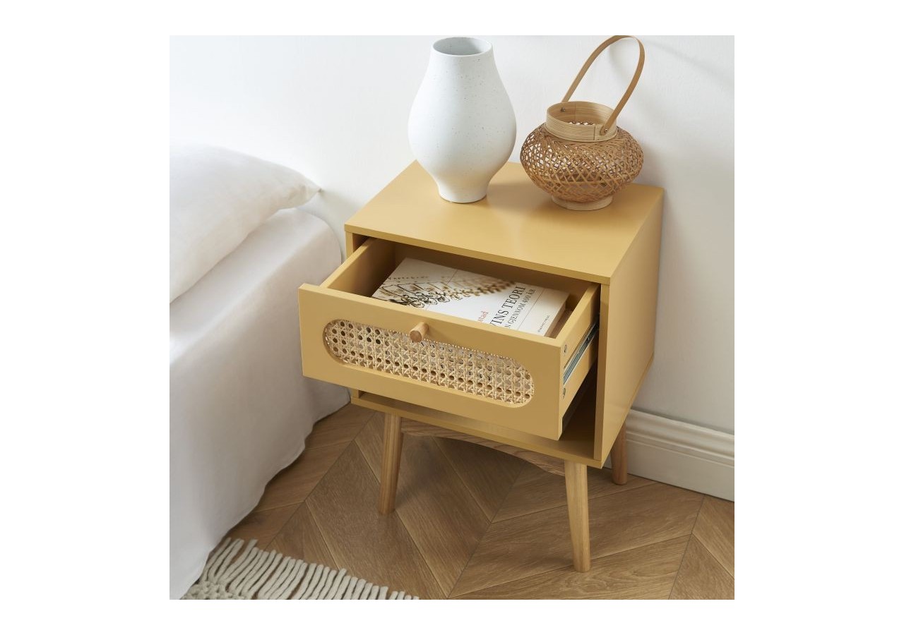 Table de chevet SIXTINE jaune safran et cannage rotin