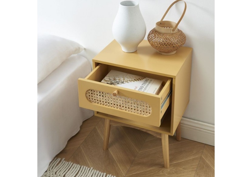 Table de chevet SIXTINE jaune safran et cannage rotin