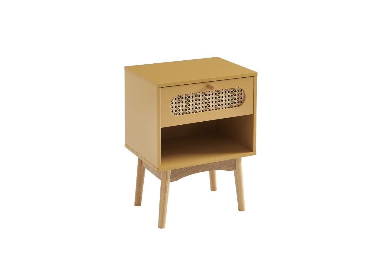 Table de chevet SIXTINE jaune safran et cannage rotin
