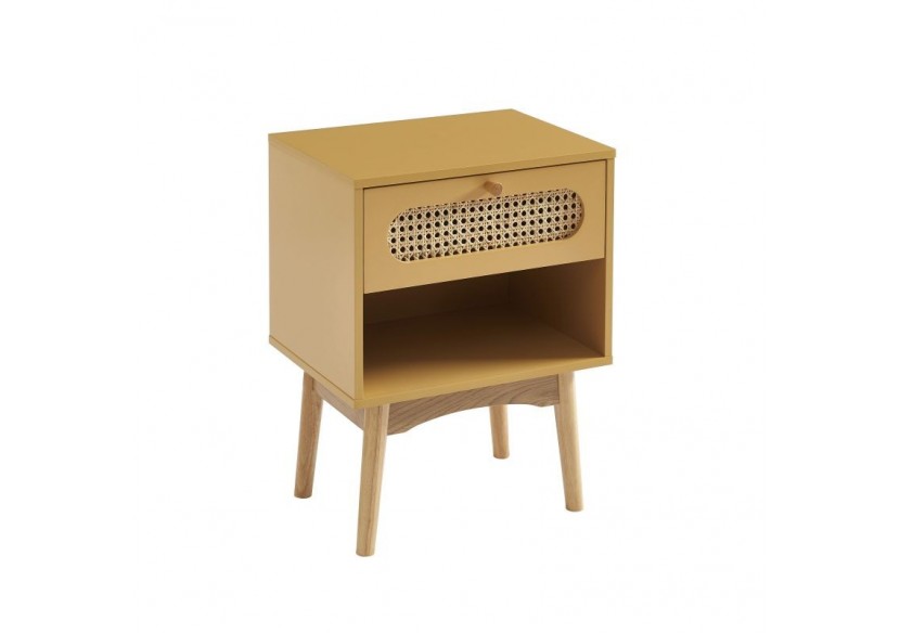 Table de chevet SIXTINE jaune safran et cannage rotin