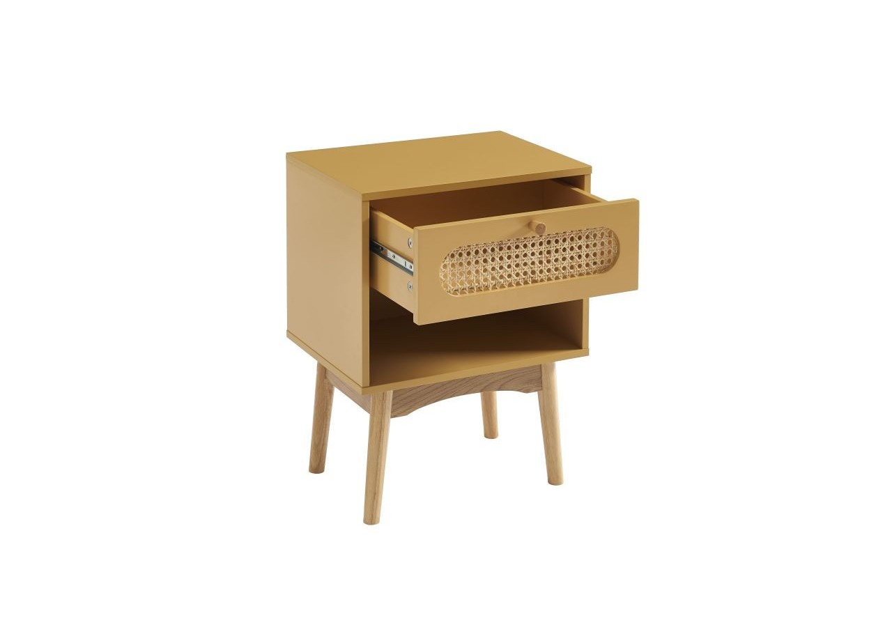 Table de chevet SIXTINE jaune safran et cannage rotin