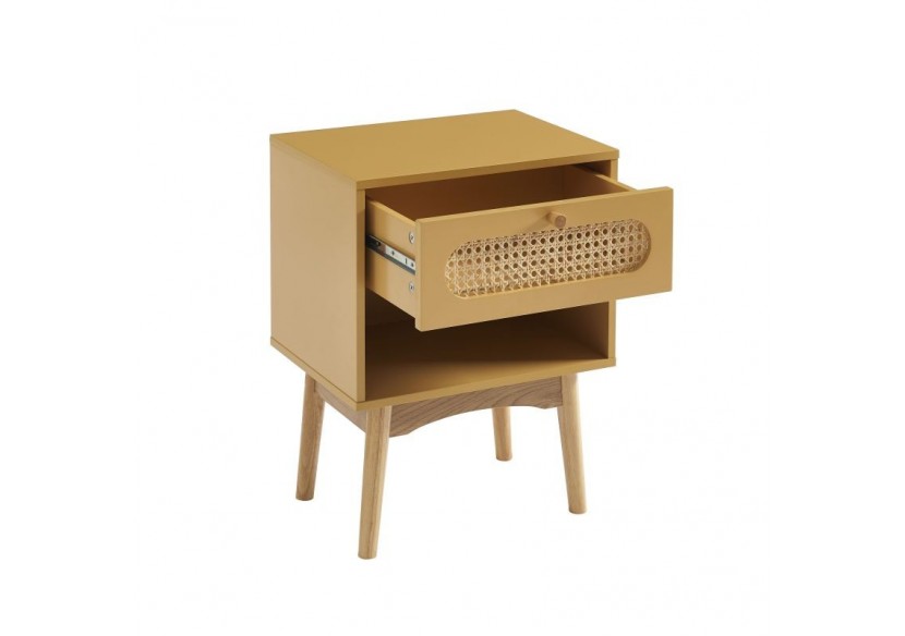 Table de chevet SIXTINE jaune safran et cannage rotin