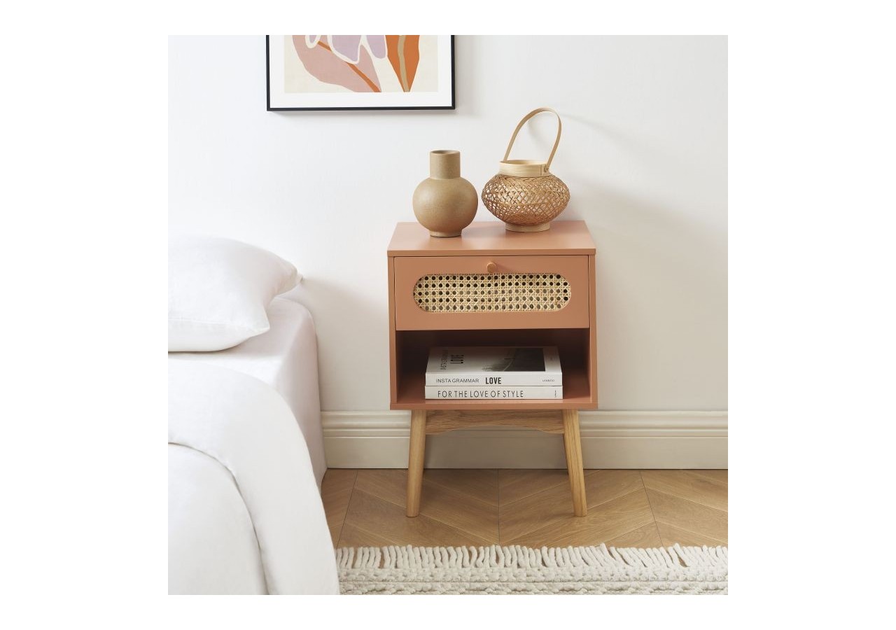 Table de chevet SIXTINE terracotta et cannage rotin