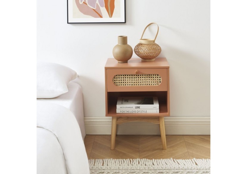 Table de chevet SIXTINE terracotta et cannage rotin