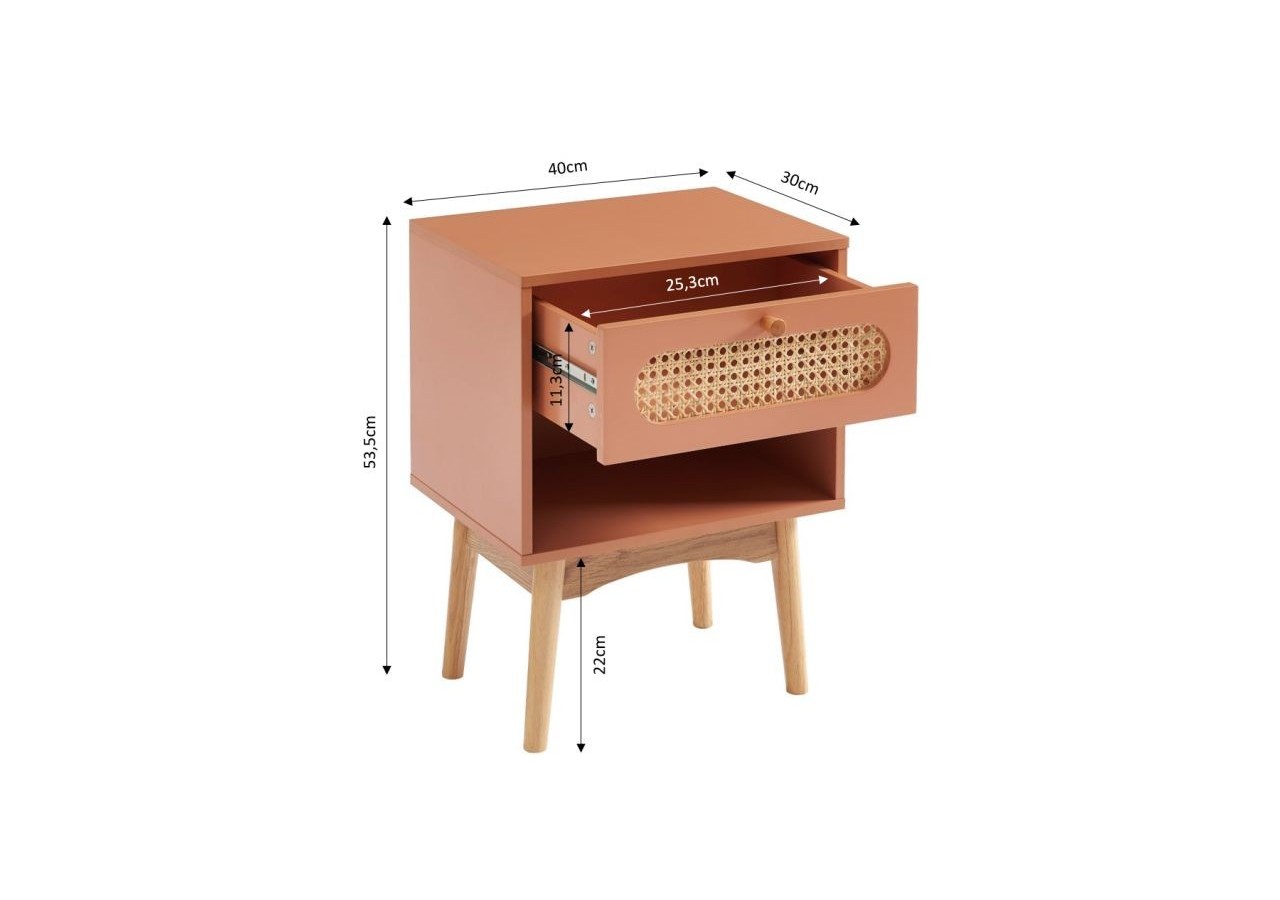 Table de chevet SIXTINE terracotta et cannage rotin