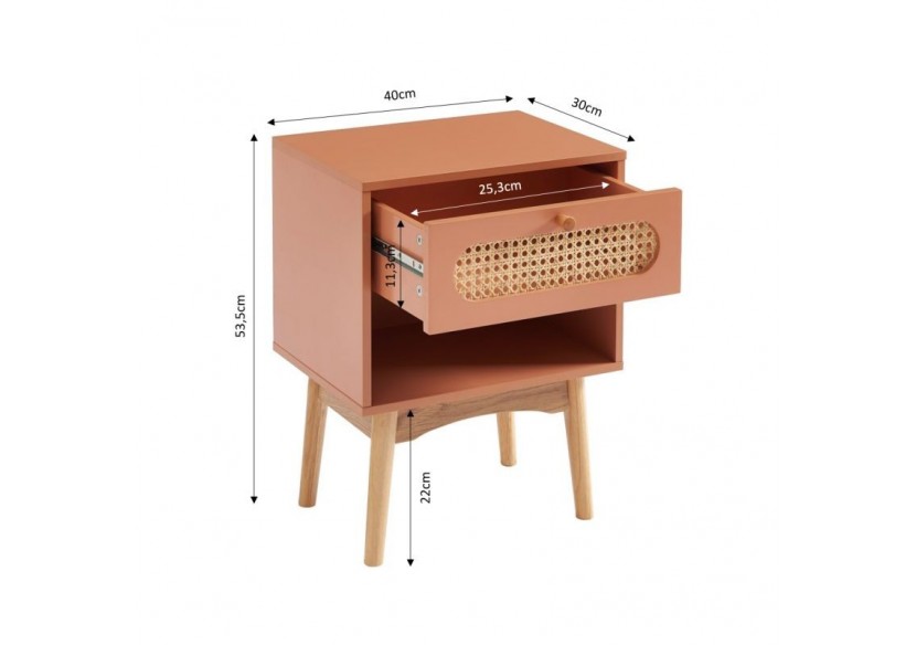 Table de chevet SIXTINE terracotta et cannage rotin
