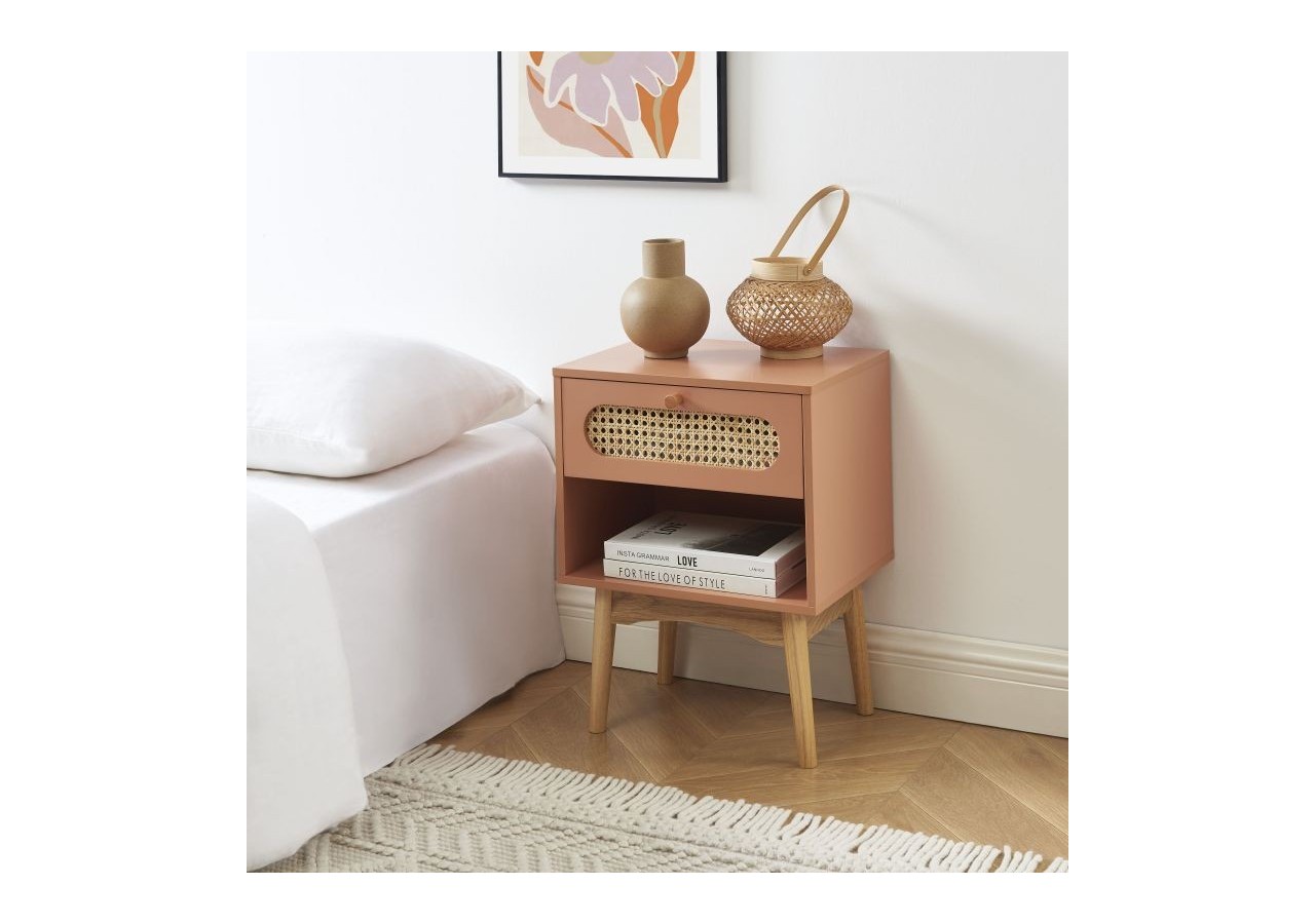 Table de chevet SIXTINE terracotta et cannage rotin