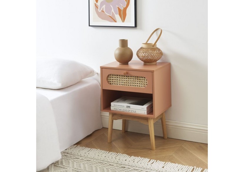 Table de chevet SIXTINE terracotta et cannage rotin