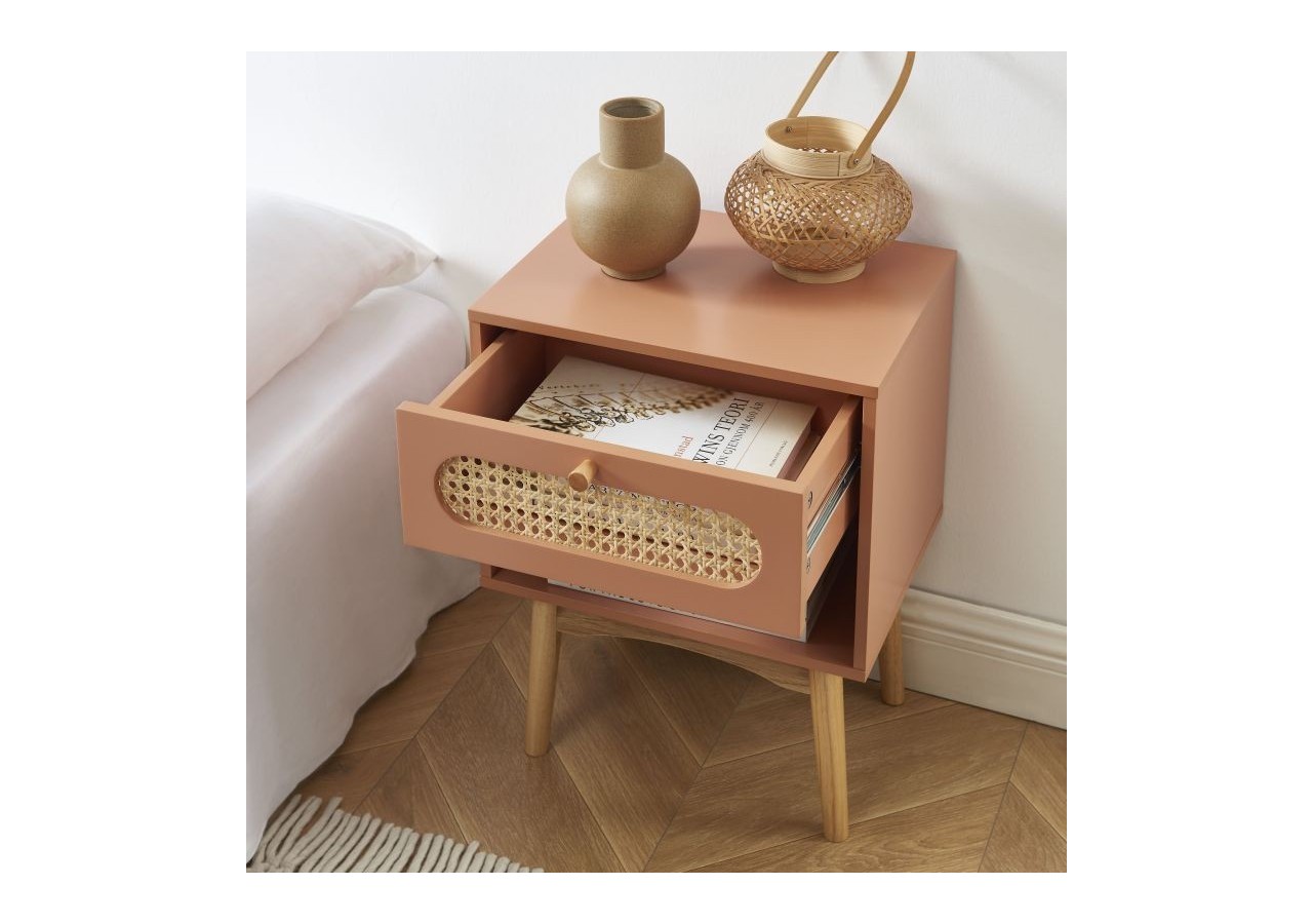 Table de chevet SIXTINE terracotta et cannage rotin