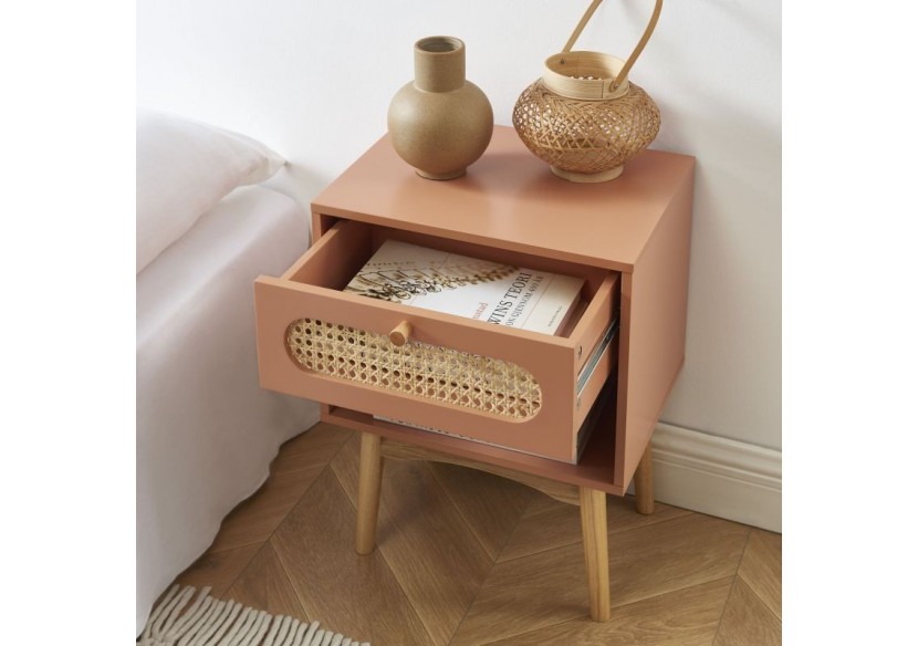 Table de chevet SIXTINE terracotta et cannage rotin