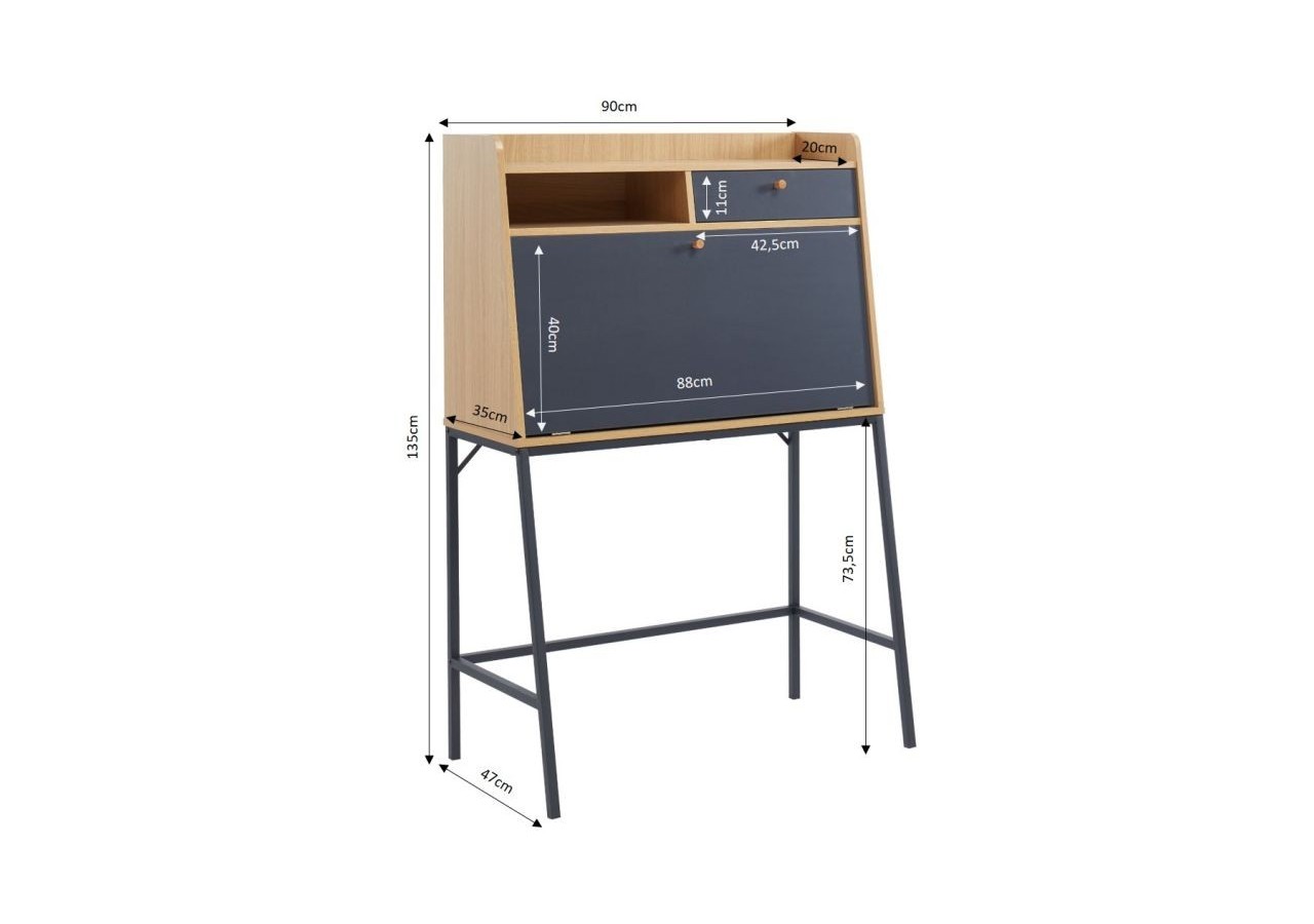 Secrétaire SMART gris et effet chêne 90cm