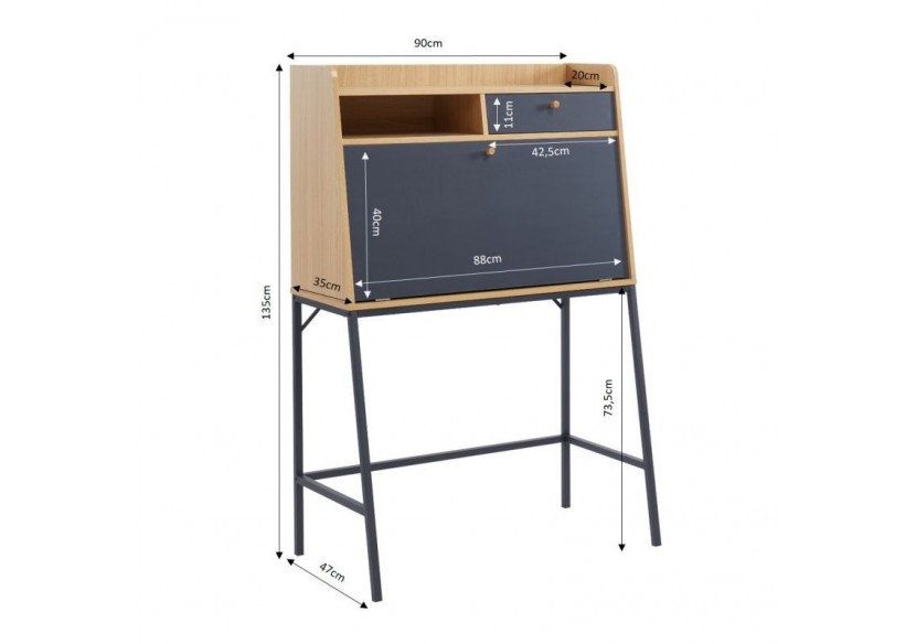 Secrétaire SMART gris et effet chêne 90cm