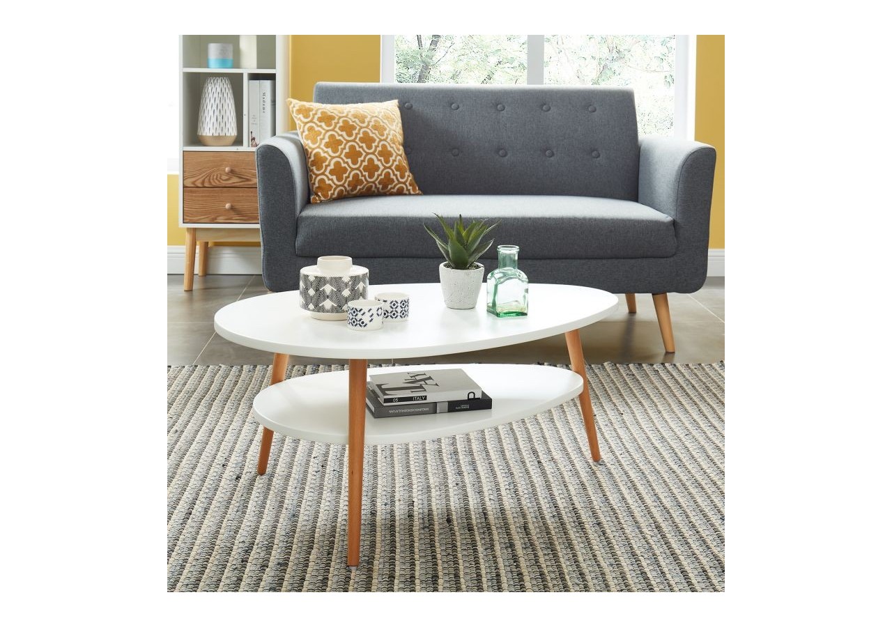 Table basse STONE laqué blanc mat pieds en bois massif