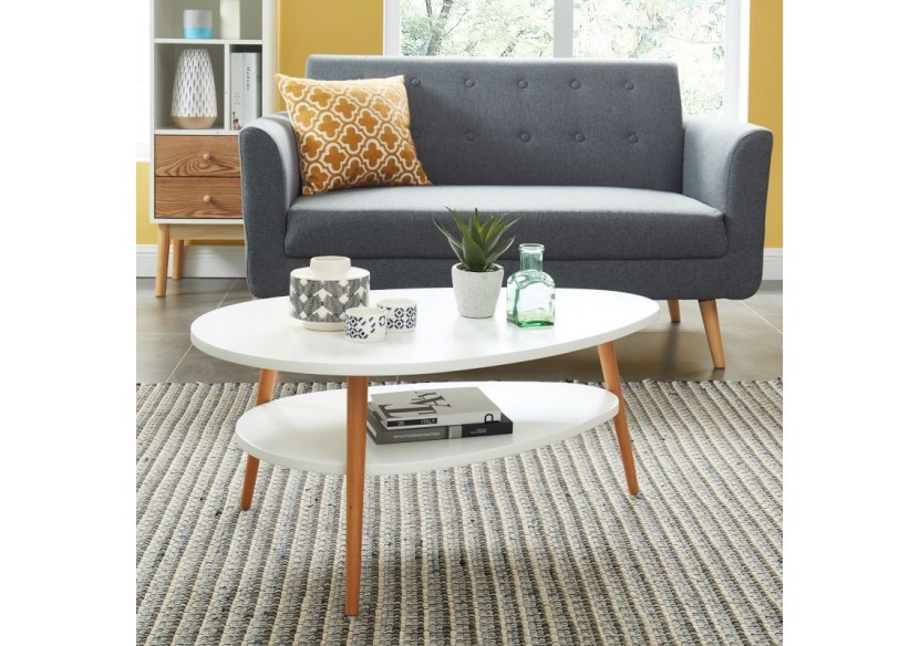 Table basse STONE laqué blanc mat pieds en bois massif