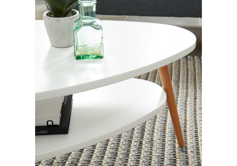 Table basse STONE laqué blanc mat pieds en bois massif