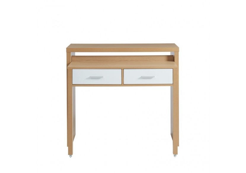 Bureau extensible STUDIO blanc et effet chêne 2 tiroirs