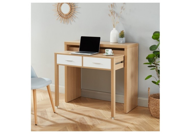 Bureau extensible STUDIO blanc et effet chêne 2 tiroirs 2