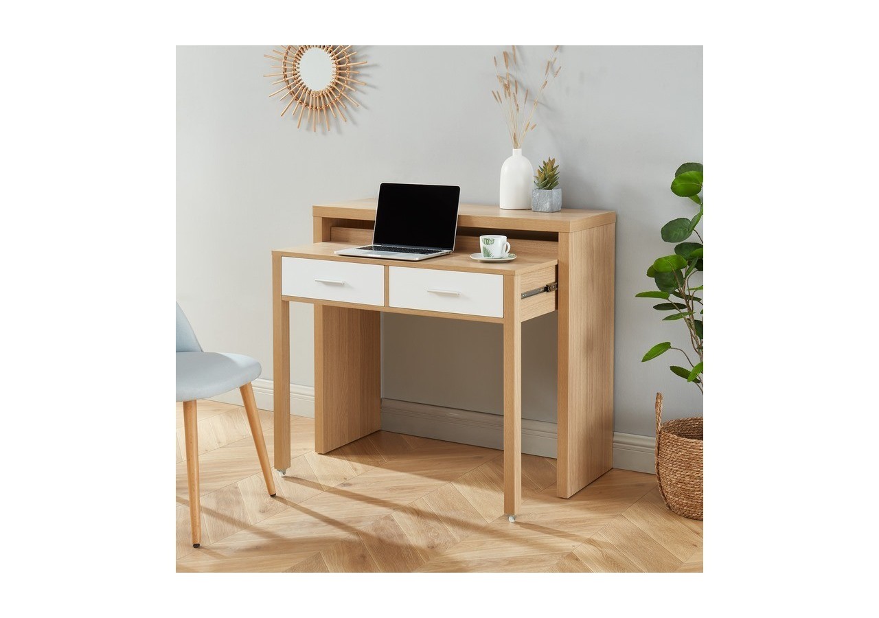 Bureau extensible STUDIO blanc et effet chêne 2 tiroirs