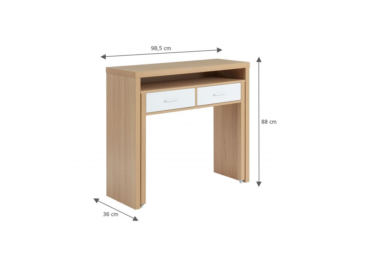 Bureau extensible STUDIO blanc et effet chêne 2 tiroirs