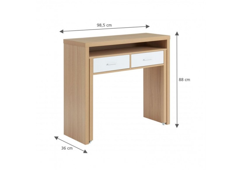 Bureau extensible STUDIO blanc et effet chêne 2 tiroirs