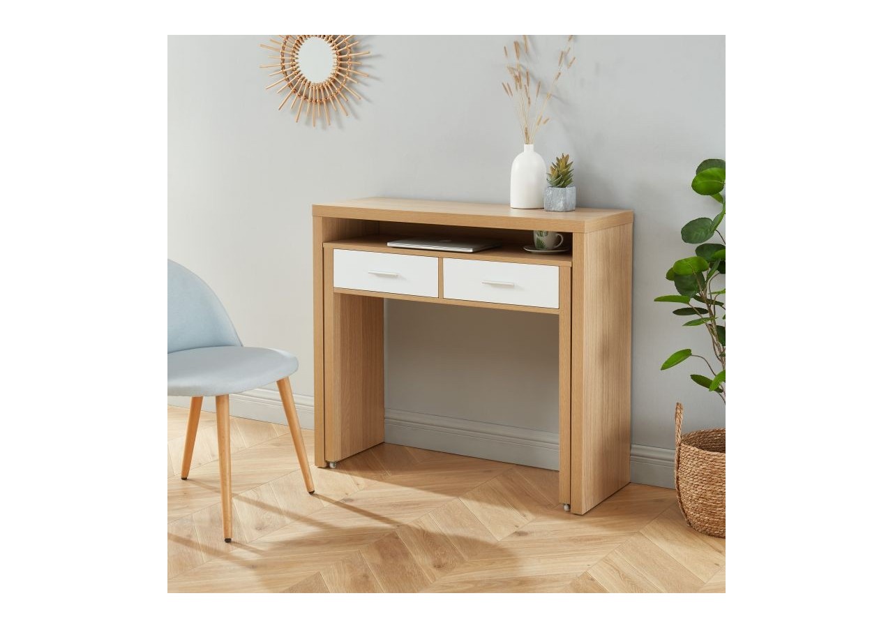 Bureau extensible STUDIO blanc et effet chêne 2 tiroirs