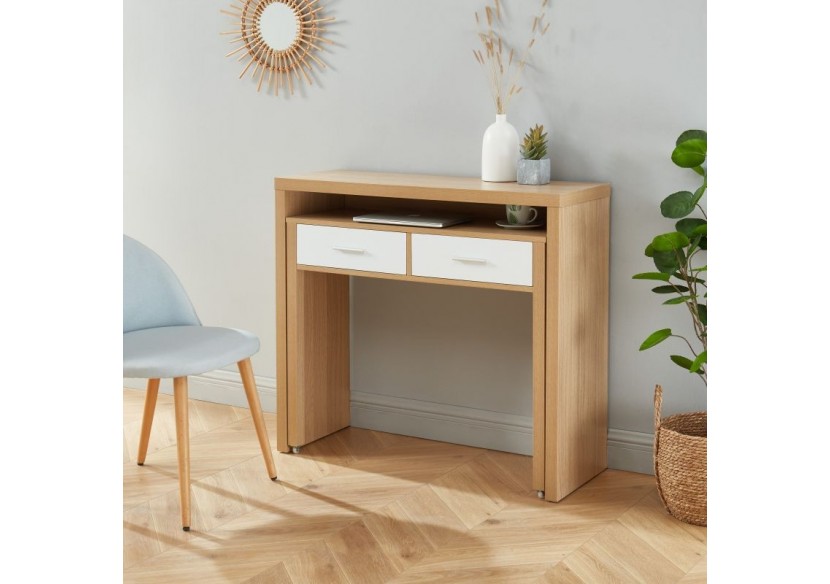 Bureau extensible STUDIO blanc et effet chêne 2 tiroirs