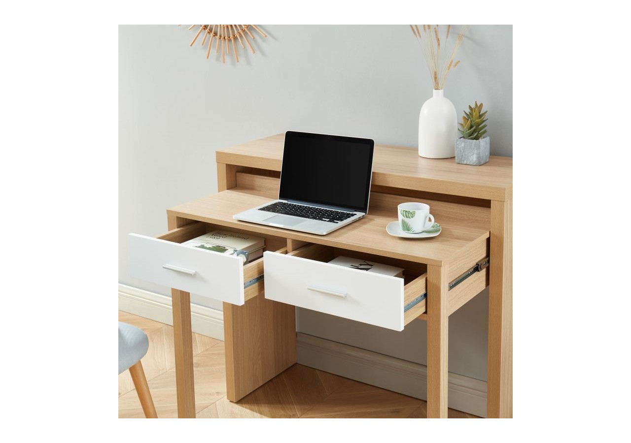 Bureau extensible STUDIO blanc et effet chêne 2 tiroirs