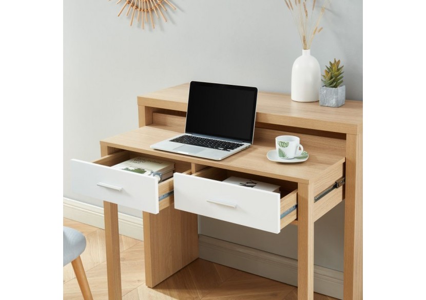 Bureau extensible STUDIO blanc et effet chêne 2 tiroirs