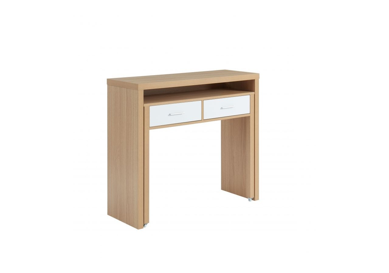 Bureau extensible STUDIO blanc et effet chêne 2 tiroirs