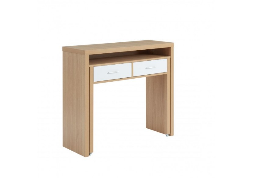 Bureau extensible STUDIO blanc et effet chêne 2 tiroirs