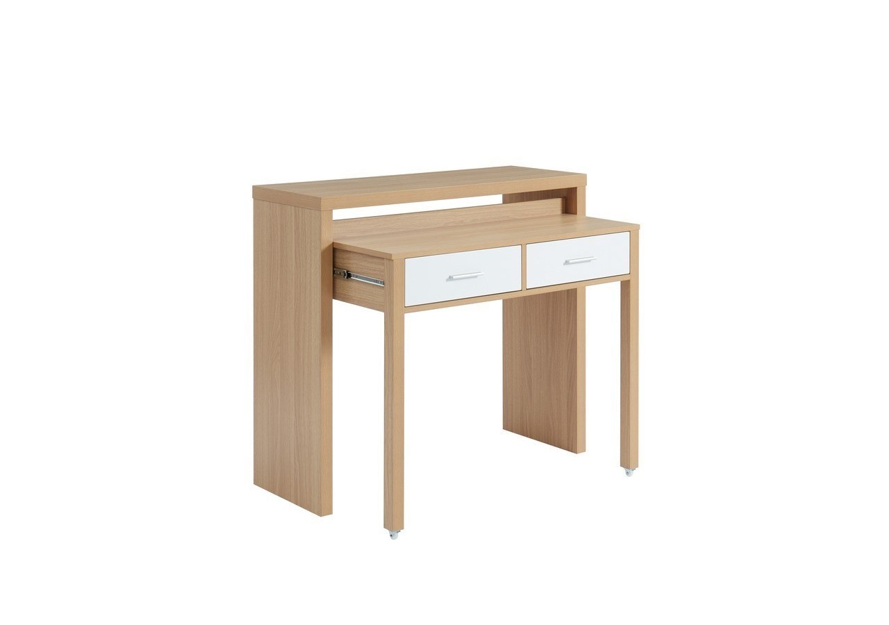 Bureau extensible STUDIO blanc et effet chêne 2 tiroirs