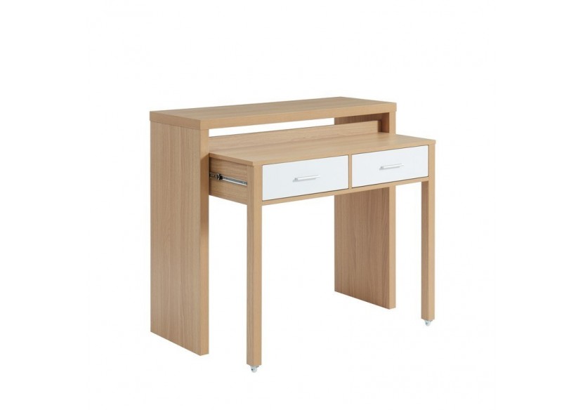 Bureau extensible STUDIO blanc et effet chêne 2 tiroirs