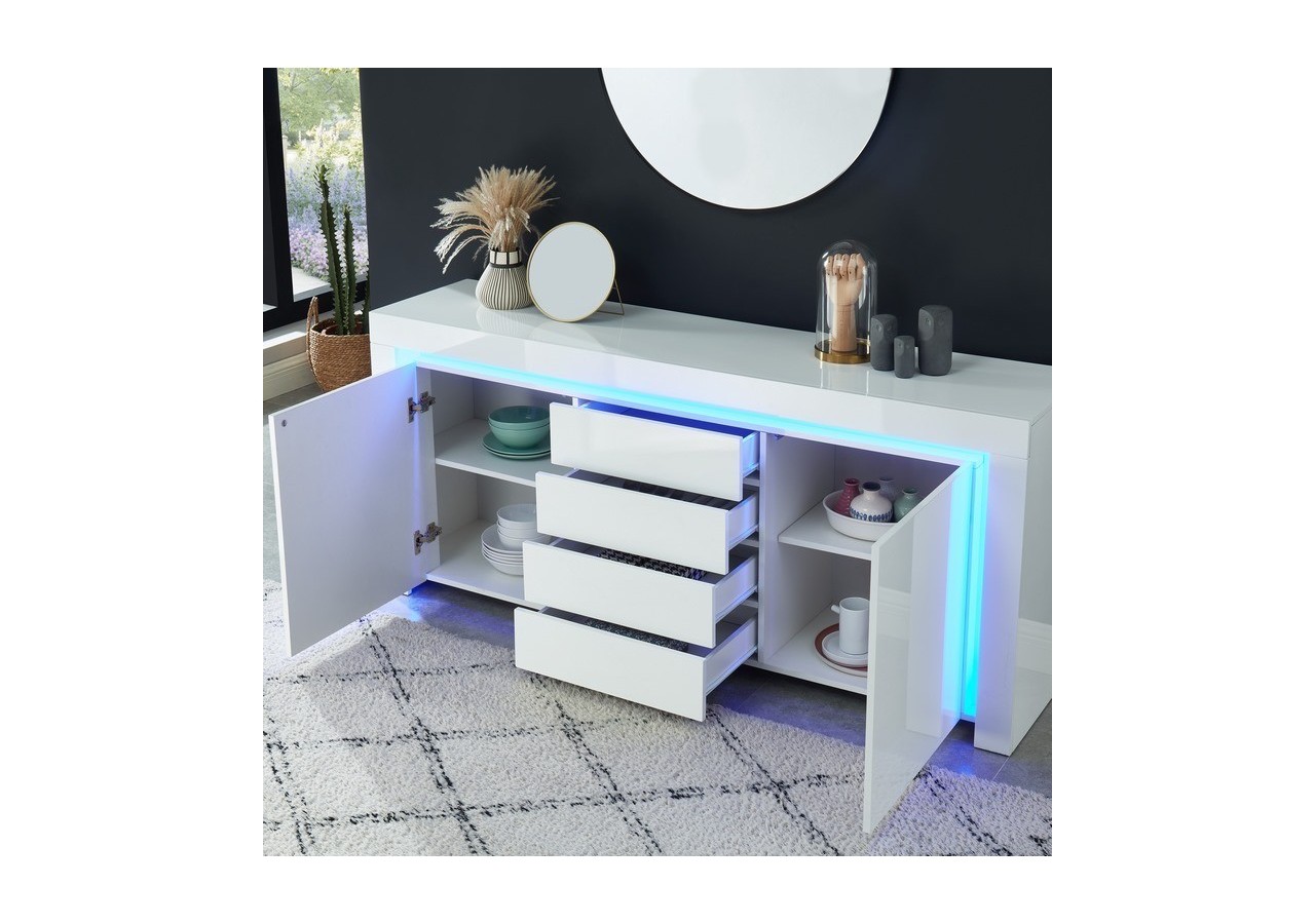 Buffet à LED SUZANE laqué blanc brillant 170cm