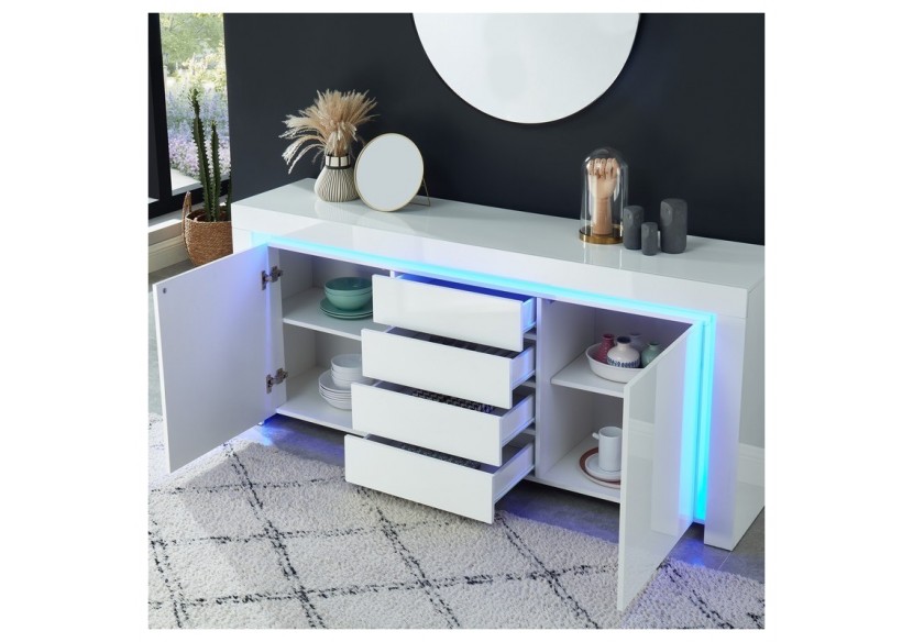 Buffet à LED SUZANE laqué blanc brillant 170cm
