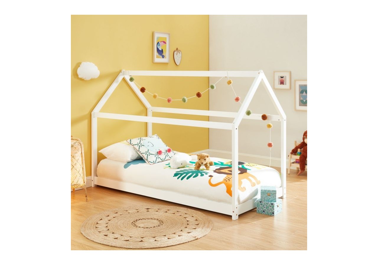 Lit enfant cabane TINY pin blanc 90x190 sommier inclus
