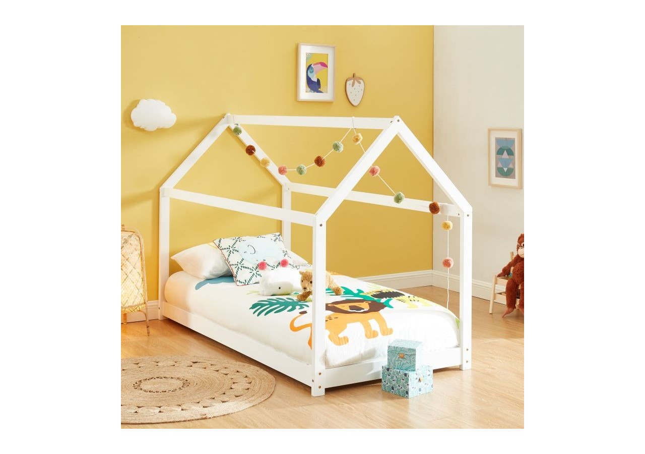 Lit enfant cabane TINY pin blanc 90x190 sommier inclus