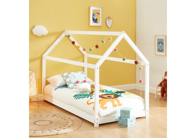 Lit enfant cabane TINY pin blanc 90x190 sommier inclus