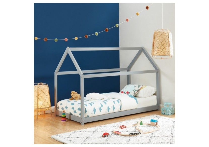 Lit enfant cabane TINY pin gris 90x190 sommier inclus