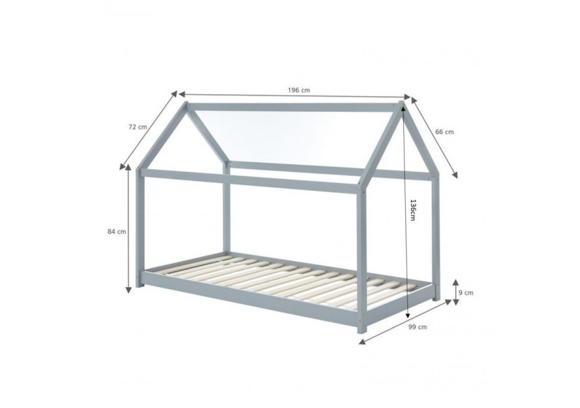 Lit enfant cabane TINY pin gris 90x190 sommier inclus