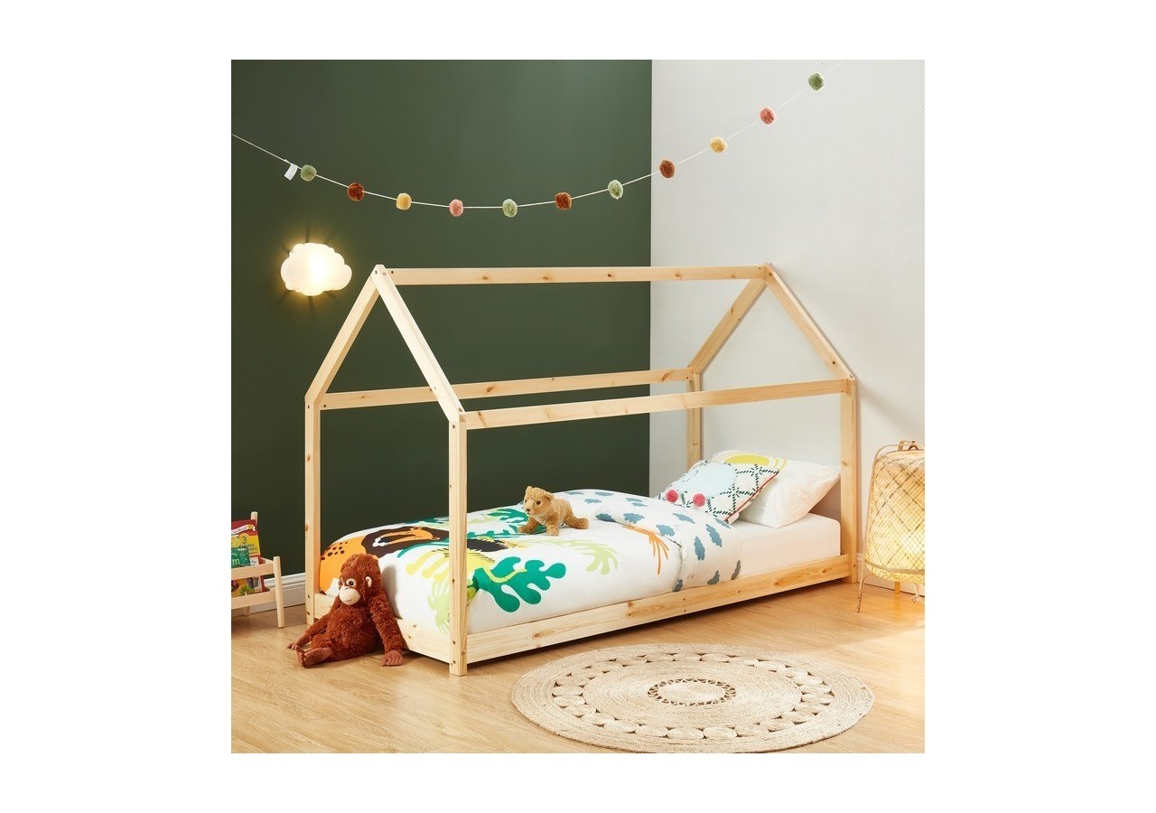 Lit enfant cabane TINY pin naturel 90x190 sommier inclus