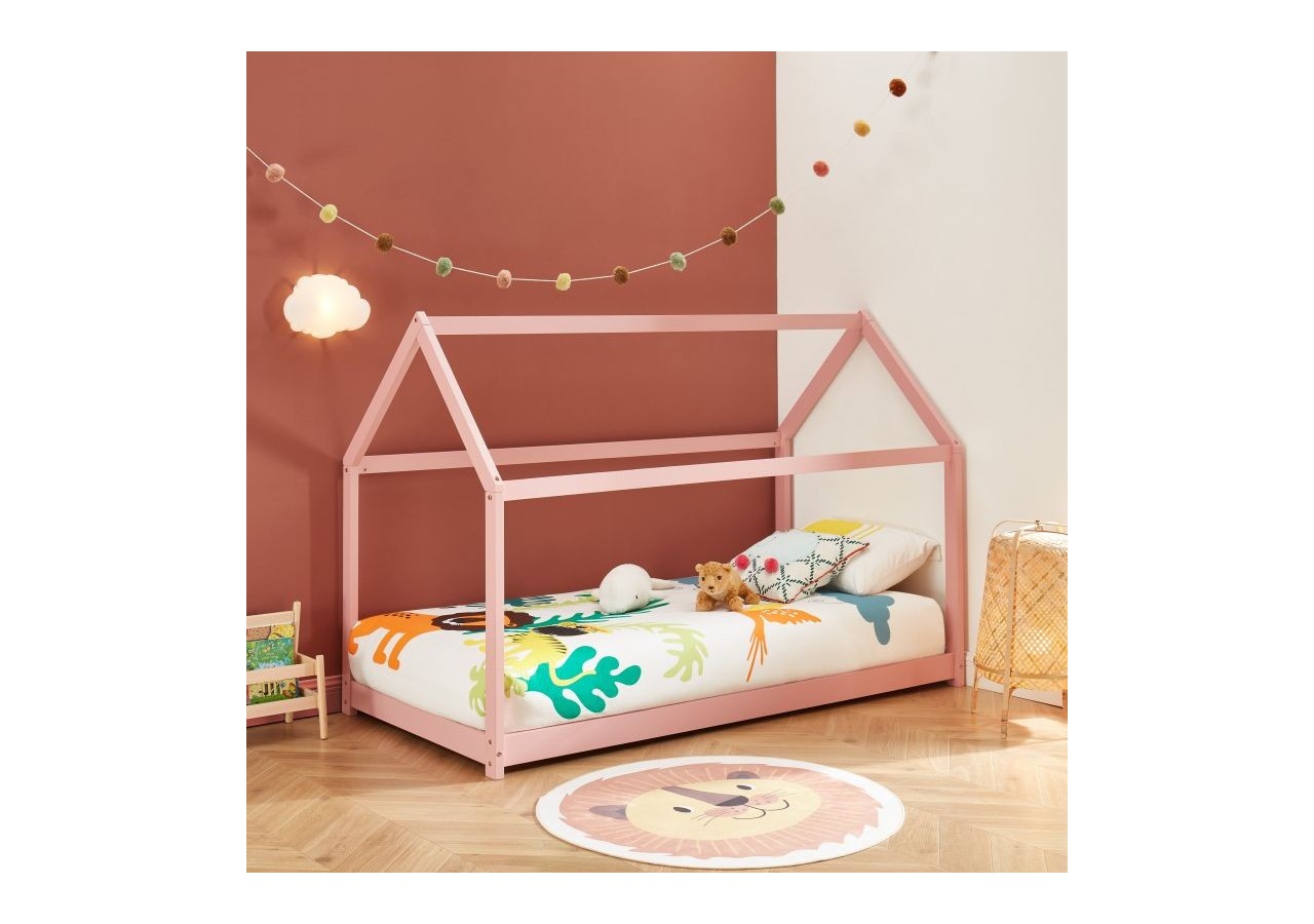Lit enfant cabane TINY pin rose 90x190 sommier inclus