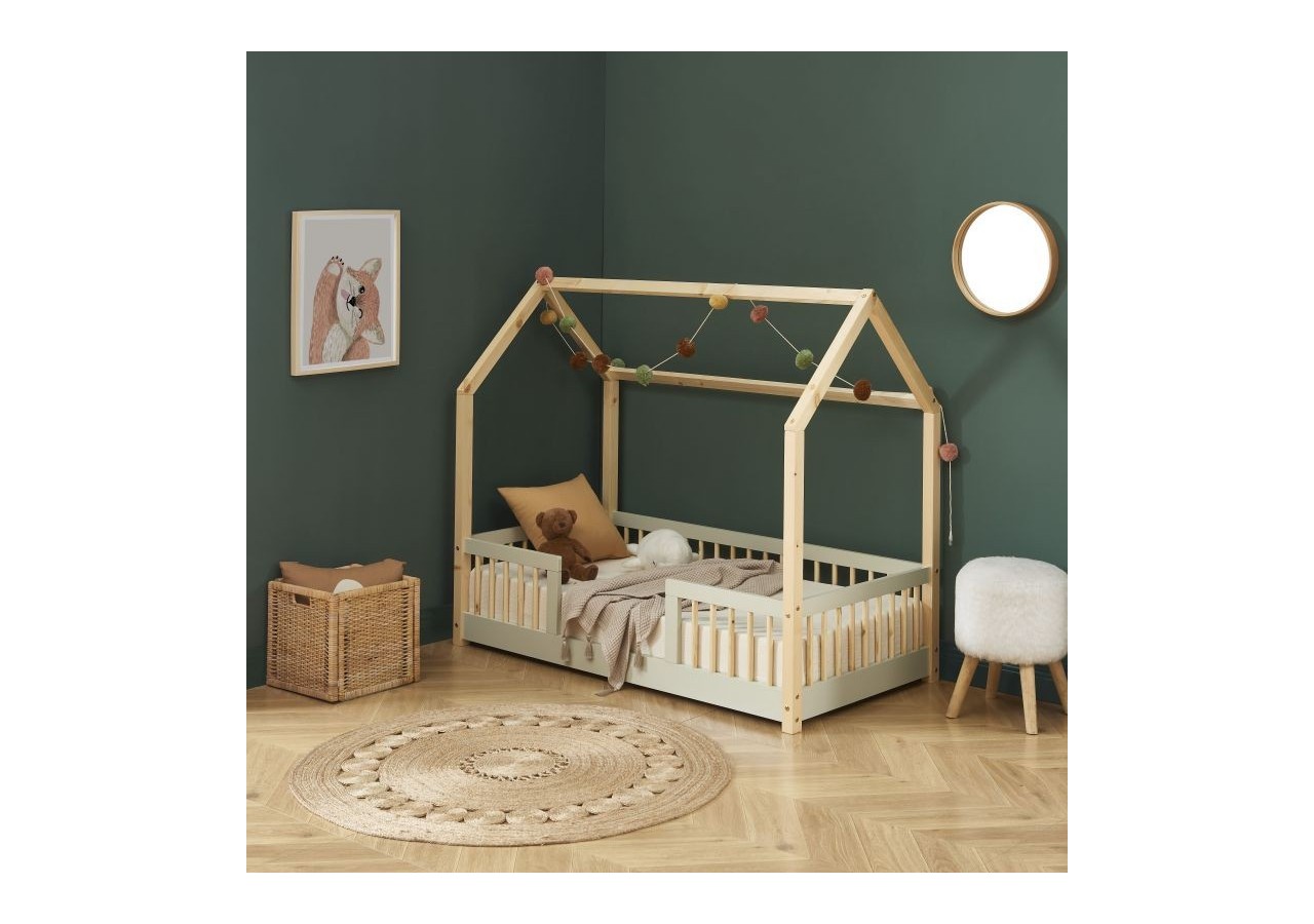 Lit cabane avec barrières TINY pin et perle 70x140 sommier inclus