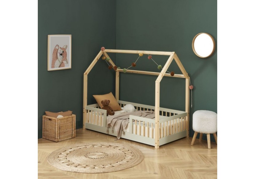 Lit cabane avec barrières TINY pin et perle 70x140 sommier inclus