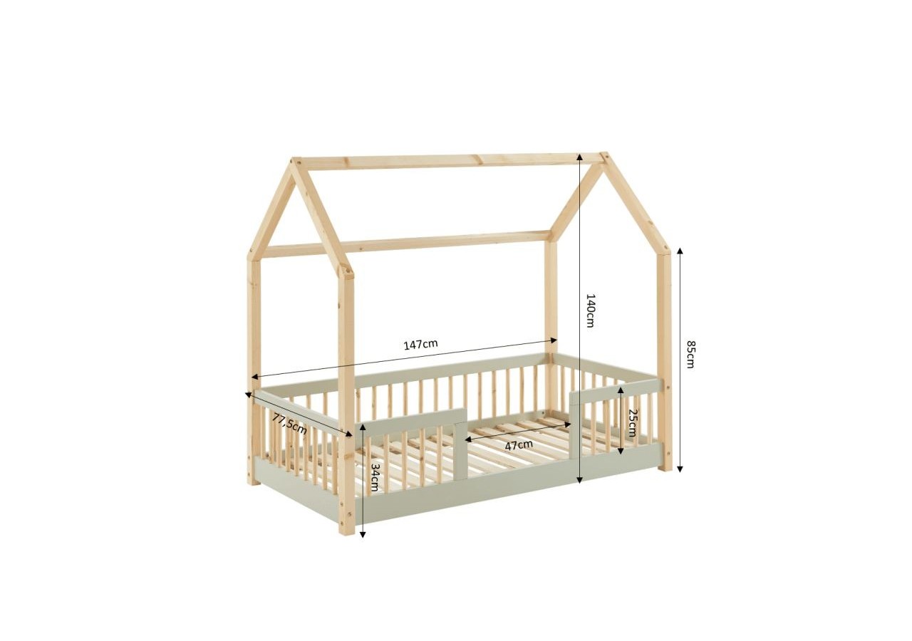 Lit cabane avec barrières TINY pin et perle 70x140 sommier inclus