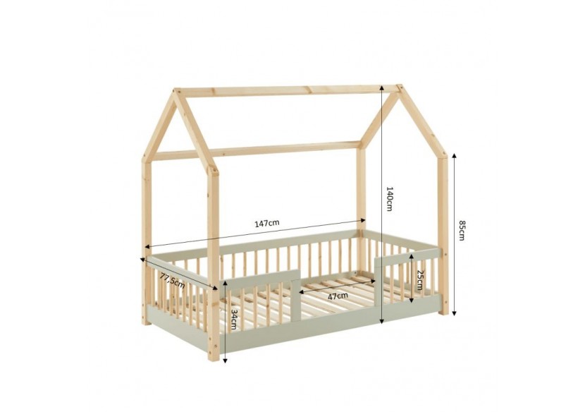 Lit cabane avec barrières TINY pin et perle 70x140 sommier inclus