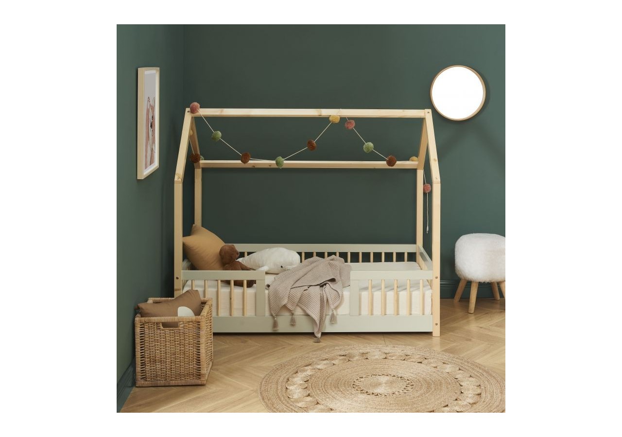 Lit cabane avec barrières TINY pin et perle 70x140 sommier inclus